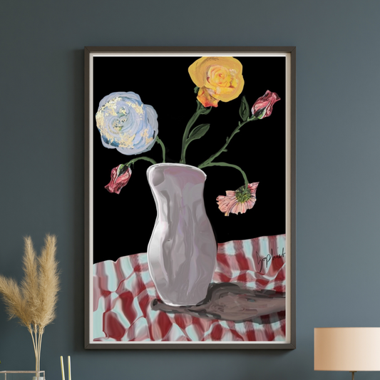 “Still & Blooming” – Original Mixed Media Floral on Black